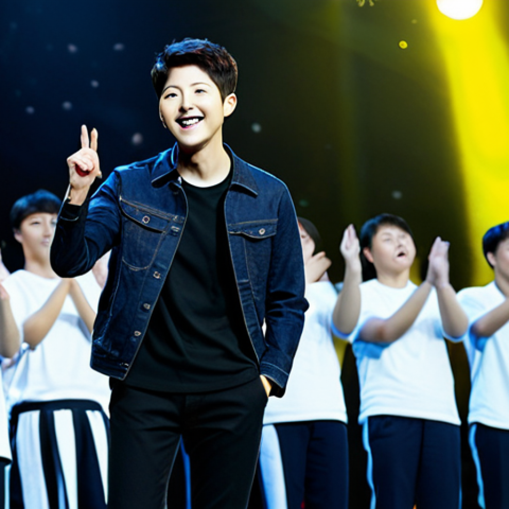 Seoul Concert - Warm and Welcoming**
"A professional photograph of Song Joong-ki on stage in Seoul, South Korea, during his concert. He is fully clothed in a stylish and modest outfit suitable for a performance. The stage is brightly lit with colorful lights, creating a vibrant and energetic atmosphere. The audience is visible in the background, waving light sticks and cheering. Perfect anatomy, correct proportions, natural pose, well-formed hands, proper finger count, natural body proportions, safe for work, appropriate content, fully clothed, professional, family-friendly."
**