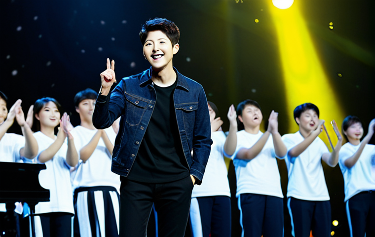Seoul Concert - Warm and Welcoming**

"A professional photograph of Song Joong-ki on stage in Seoul, South Korea, during his concert. He is fully clothed in a stylish and modest outfit suitable for a performance. The stage is brightly lit with colorful lights, creating a vibrant and energetic atmosphere. The audience is visible in the background, waving light sticks and cheering. Perfect anatomy, correct proportions, natural pose, well-formed hands, proper finger count, natural body proportions, safe for work, appropriate content, fully clothed, professional, family-friendly."

**