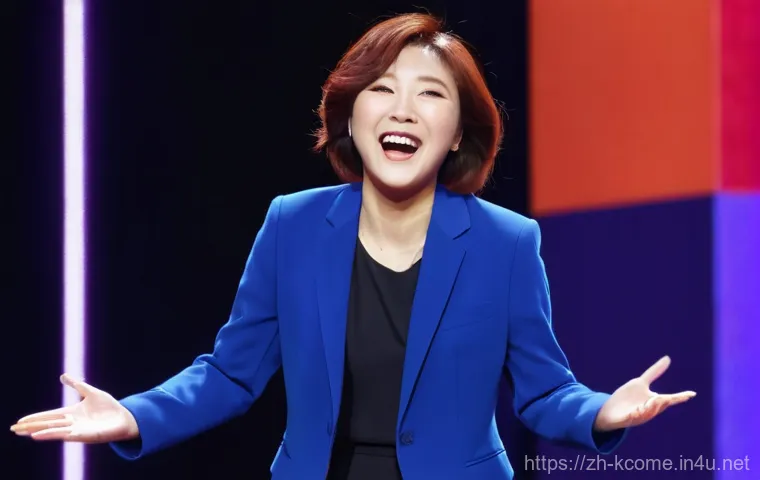 안영미 해외 공연 - **Ahn Young-mi's Triumphant Return:** A vibrant and dynamic full-body shot of a female comedian, res...